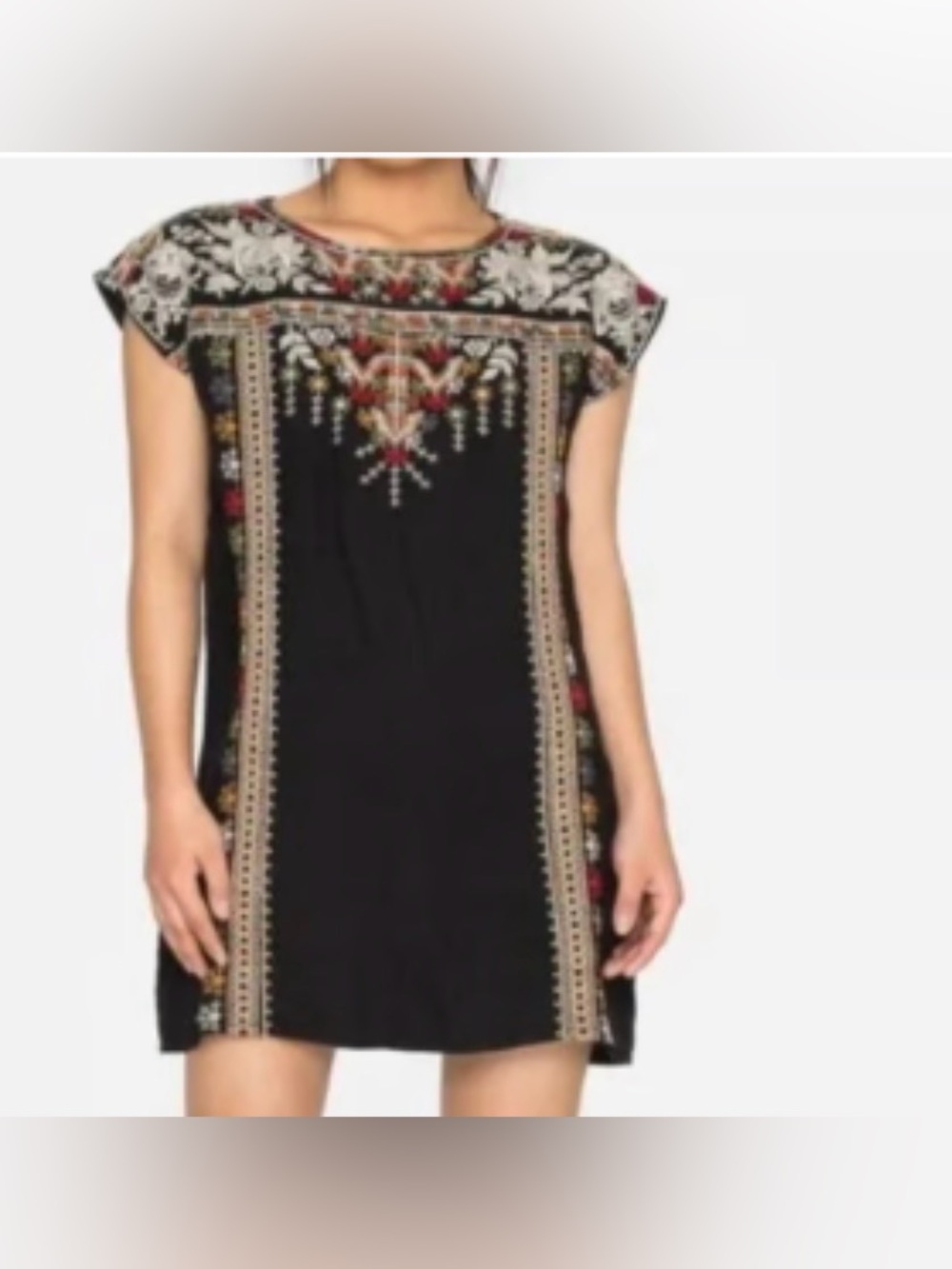 Johnny Was Aliya Black Black Linen Floral Embroidered Boho Dress- Small